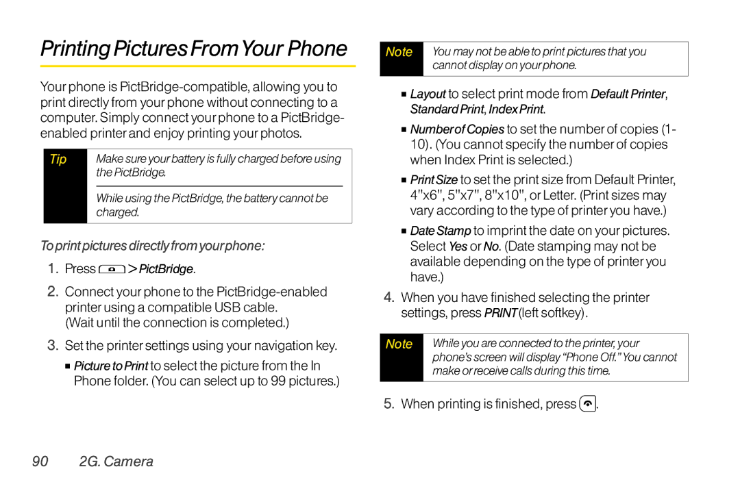 TOA Electronics SCP-2700 manual Printing Pictures FromYour Phone, To print pictures directly from yourphone, 90 2G. Camera 