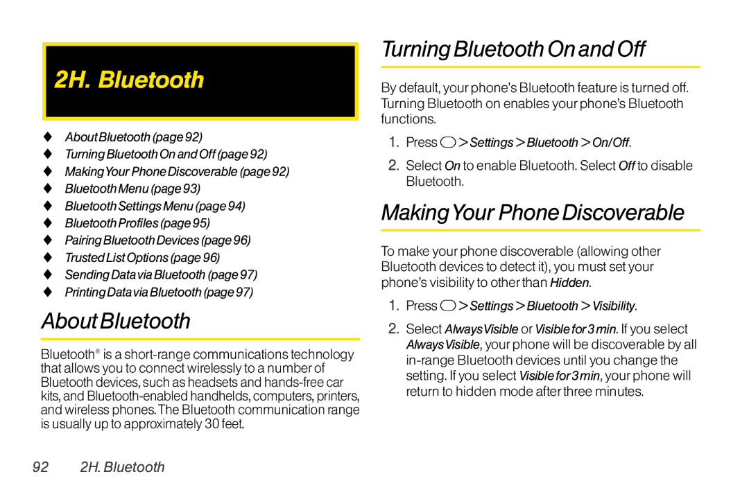 TOA Electronics SCP-2700 manual 2H. Bluetooth, About Bluetooth, Turning Bluetooth On and Off, MakingYour Phone Discoverable 