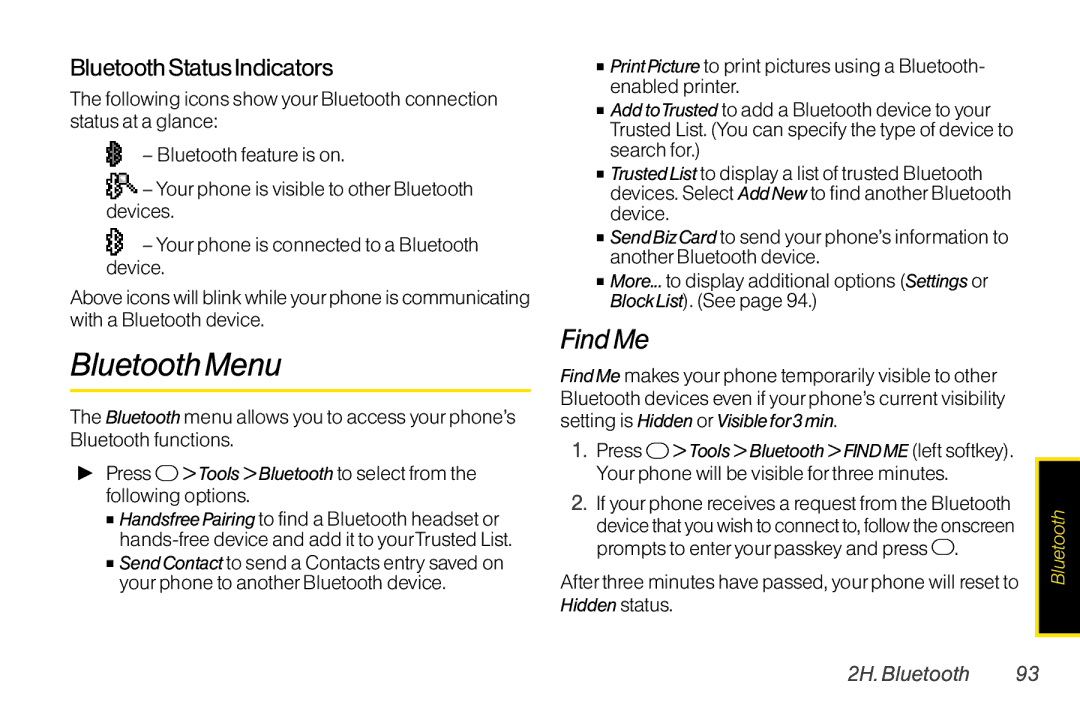 TOA Electronics SCP2700KBL, SCP-2700 manual Bluetooth Menu, Find Me, Bluetooth Status Indicators, 2H. Bluetooth 