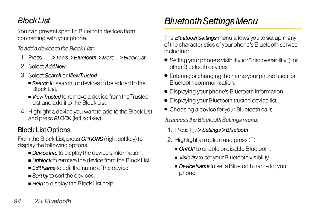 TOA Electronics SCP-2700, SCP2700KBL manual Bluetooth Settings Menu, Block List Options 