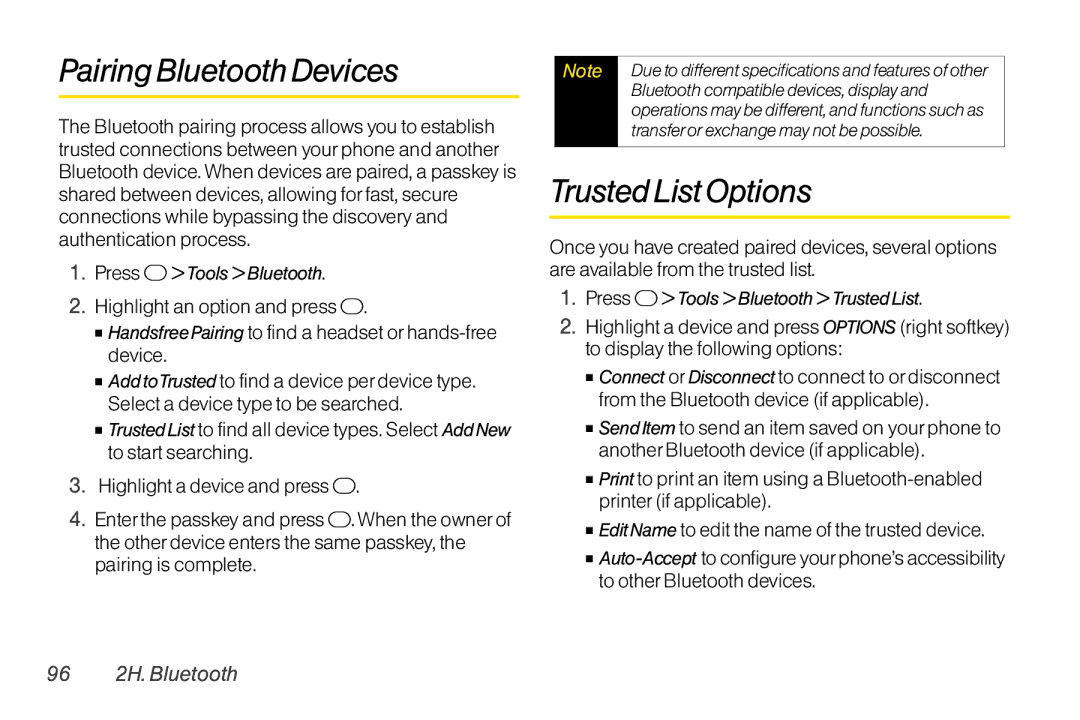 TOA Electronics SCP-2700 manual Pairing Bluetooth Devices, Trusted List Options, 96 2H. Bluetooth, Press Tools Bluetooth 