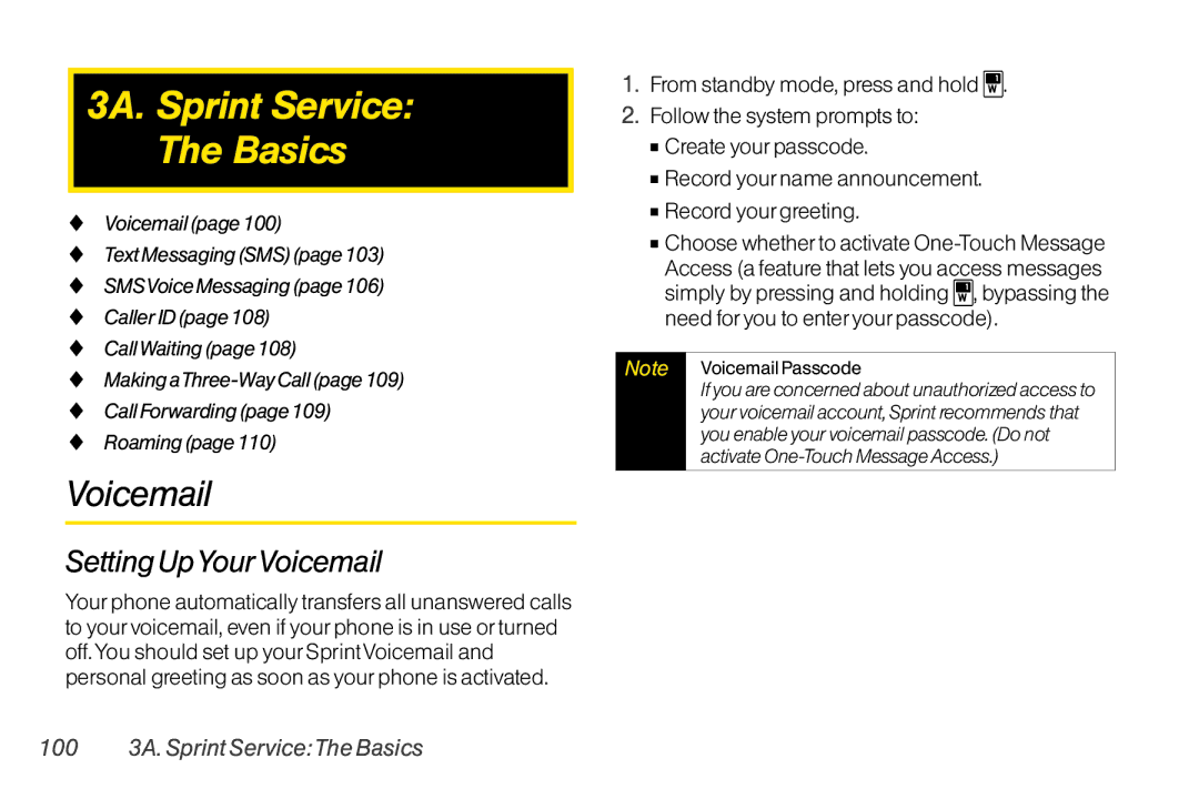 TOA Electronics SCP-2700 manual 3A. Sprint Service Basics, Setting UpYourVoicemail, 100 3A. Sprint ServiceThe Basics 