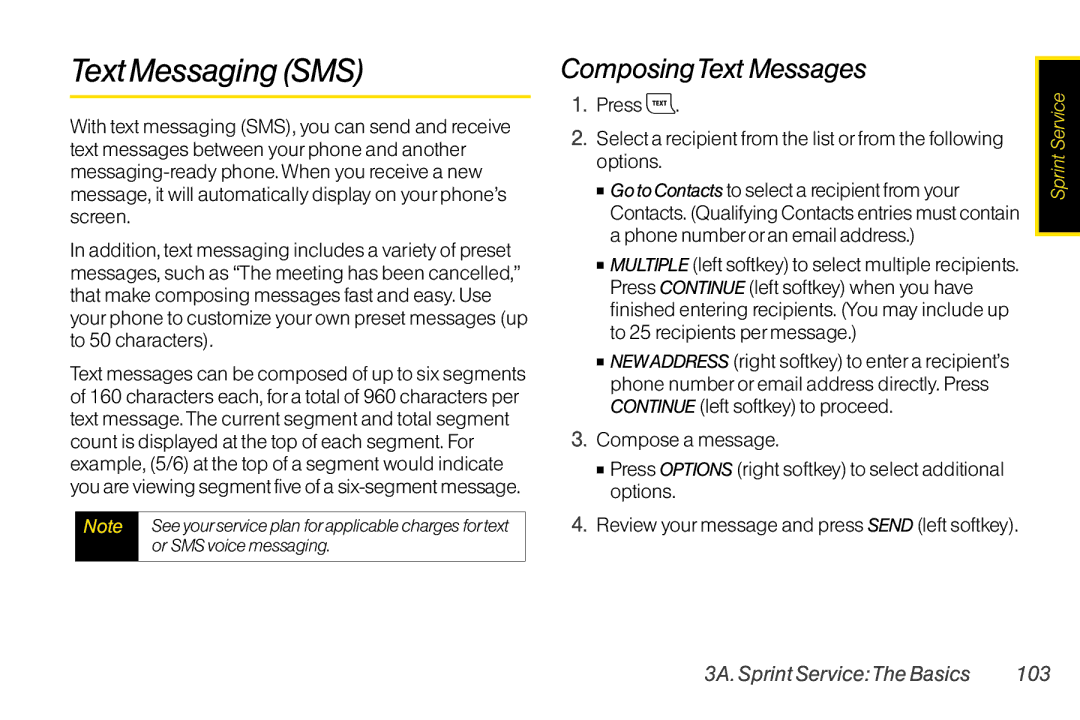 TOA Electronics SCP2700KBL, SCP-2700 manual Text MessagingSMS, ComposingText Messages, 3A. Sprint ServiceThe Basics 103 