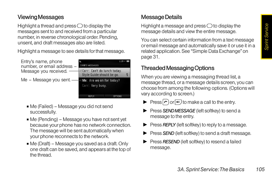 TOA Electronics SCP2700KBL Viewing Messages, Message Details, Threaded Messaging Options, 3A. Sprint ServiceThe Basics 105 