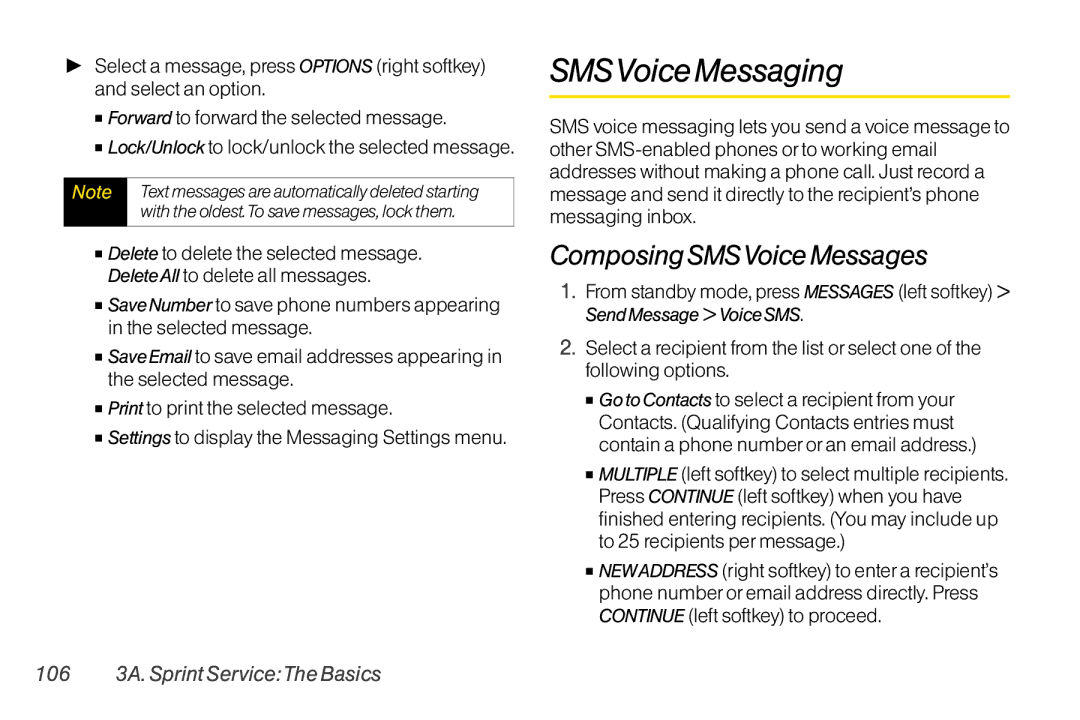 TOA Electronics SCP-2700, SCP2700KBL SMSVoice Messaging, Composing SMSVoice Messages, 106 3A. Sprint ServiceThe Basics 