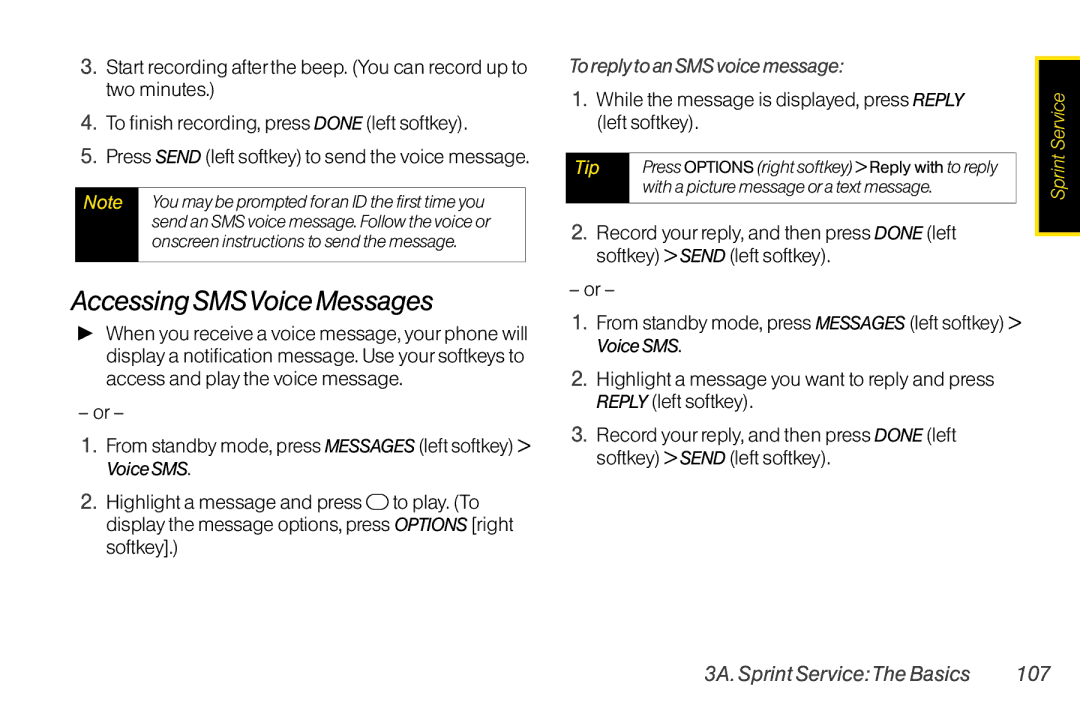 TOA Electronics SCP2700KBL Accessing SMSVoice Messages, To reply to an SMS voice message, 3A. Sprint ServiceThe Basics 107 