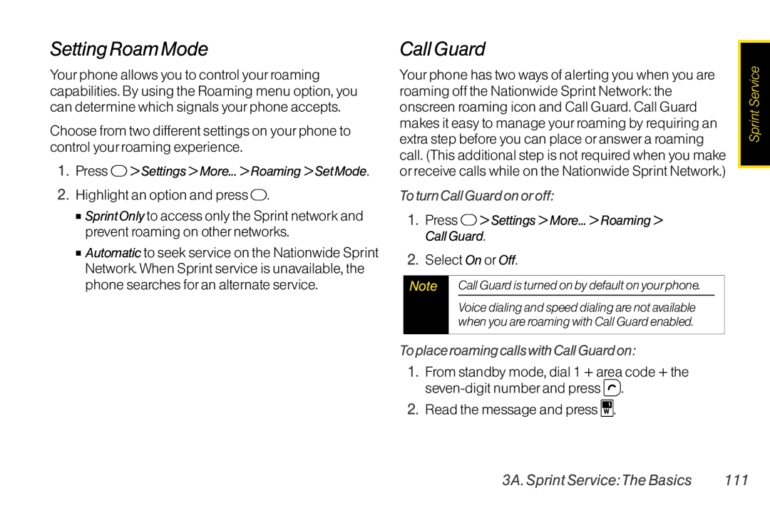 TOA Electronics SCP2700KBL Setting Roam Mode, To turn Call Guard on or off, To place roaming calls with Call Guard on 