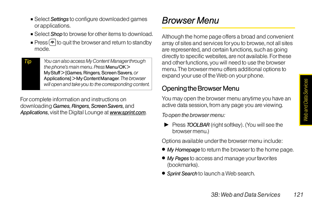 TOA Electronics SCP2700KBL, SCP-2700 Opening the Browser Menu, To open the browser menu, 3B Web and Data Services 121 