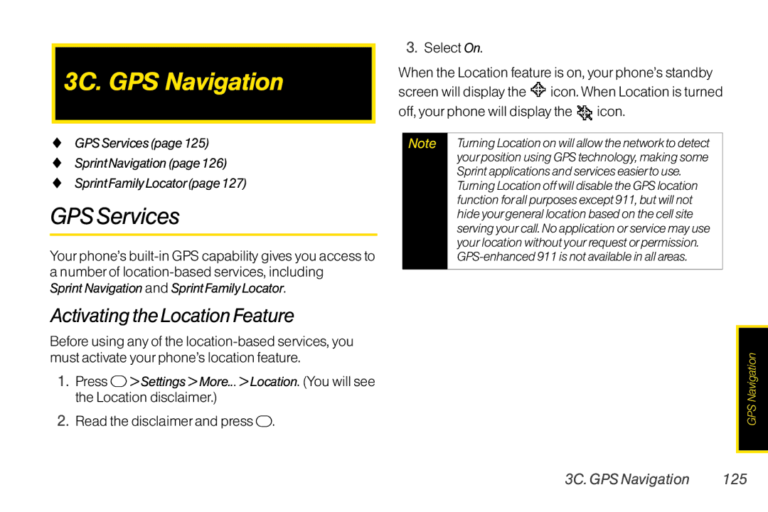 TOA Electronics SCP2700KBL, SCP-2700 manual GPS Services, Activating the Location Feature, 3C. GPS Navigation 125 