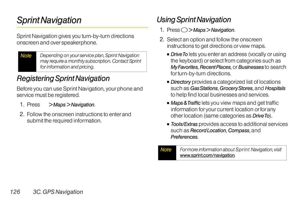 TOA Electronics SCP-2700, SCP2700KBL Registering Sprint Navigation, Using Sprint Navigation, 126 3C. GPS Navigation 