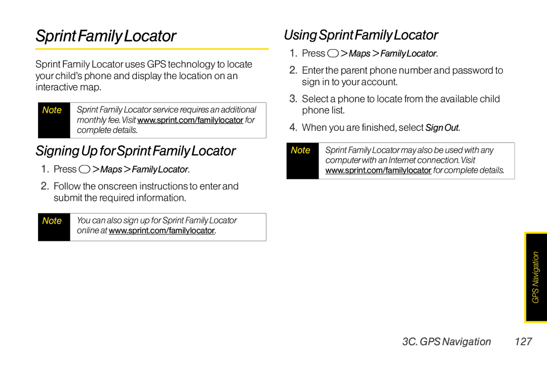 TOA Electronics SCP2700KBL Signing Up forSprint Family Locator, Using Sprint Family Locator, 3C. GPS Navigation 127 