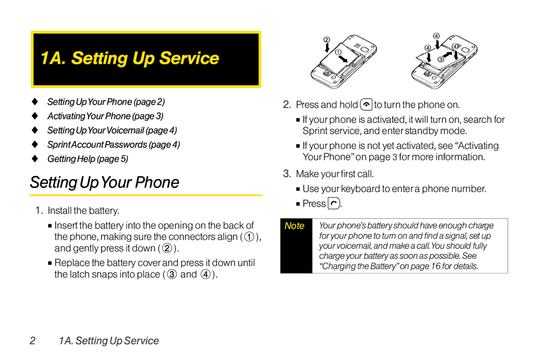 TOA Electronics SCP-2700, SCP2700KBL 1A. Setting Up Service, Setting UpYour Phone, Press and hold to turn the phone on 