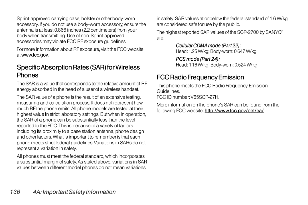 TOA Electronics SCP-2700 manual Specific Absorption Rates SARforWireless Phones, FCC Radio FrequencyEmission, PCS mode Part 