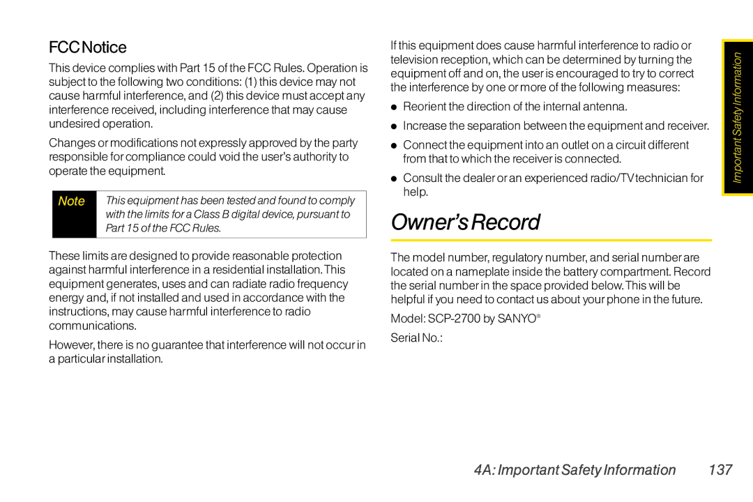 TOA Electronics SCP2700KBL manual Owner’s Record, FCC Notice, 4A Important Safety Information 137, Part 15 of the FCC Rules 