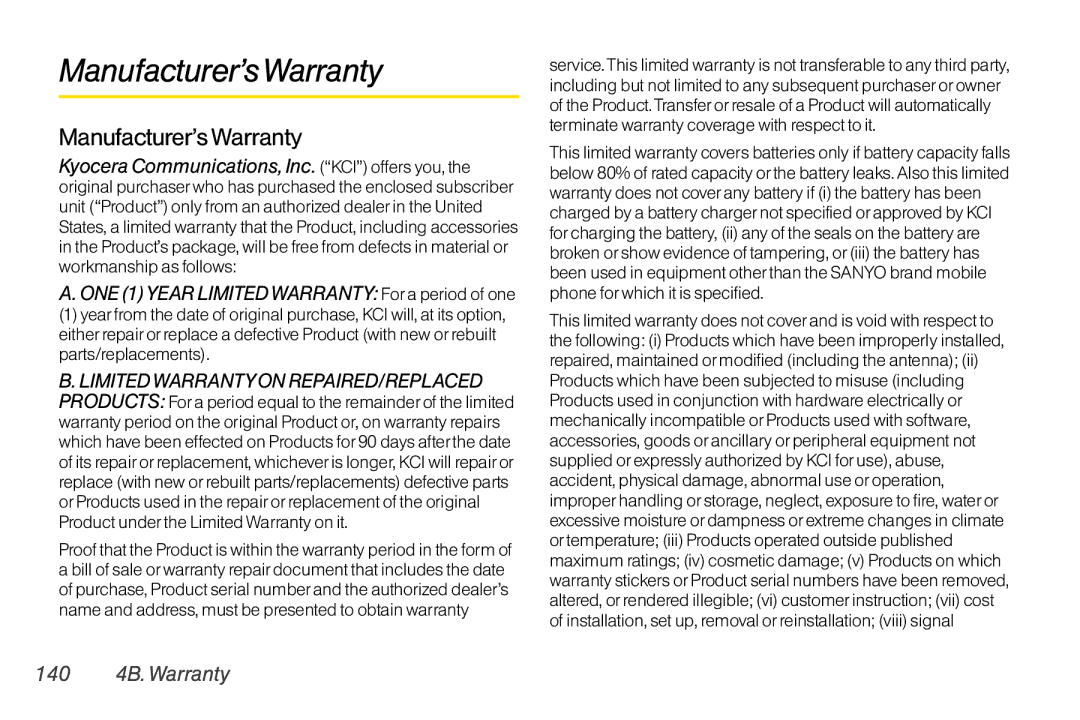 TOA Electronics SCP-2700, SCP2700KBL manual Manufacturer’sWarranty, Manufacturer’s Warranty, 140 4B. Warranty 