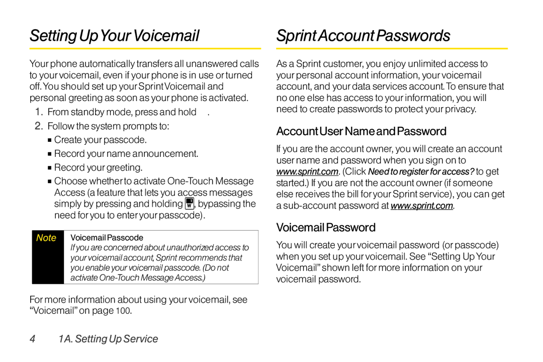 TOA Electronics SCP-2700, SCP2700KBL manual Setting UpYourVoicemail, SprintAccount Passwords 