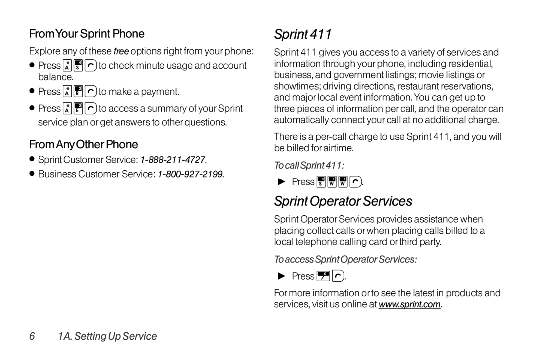 TOA Electronics SCP-2700, SCP2700KBL manual Sprint Operator Services, FromYourSprint Phone, From AnyOtherPhone 