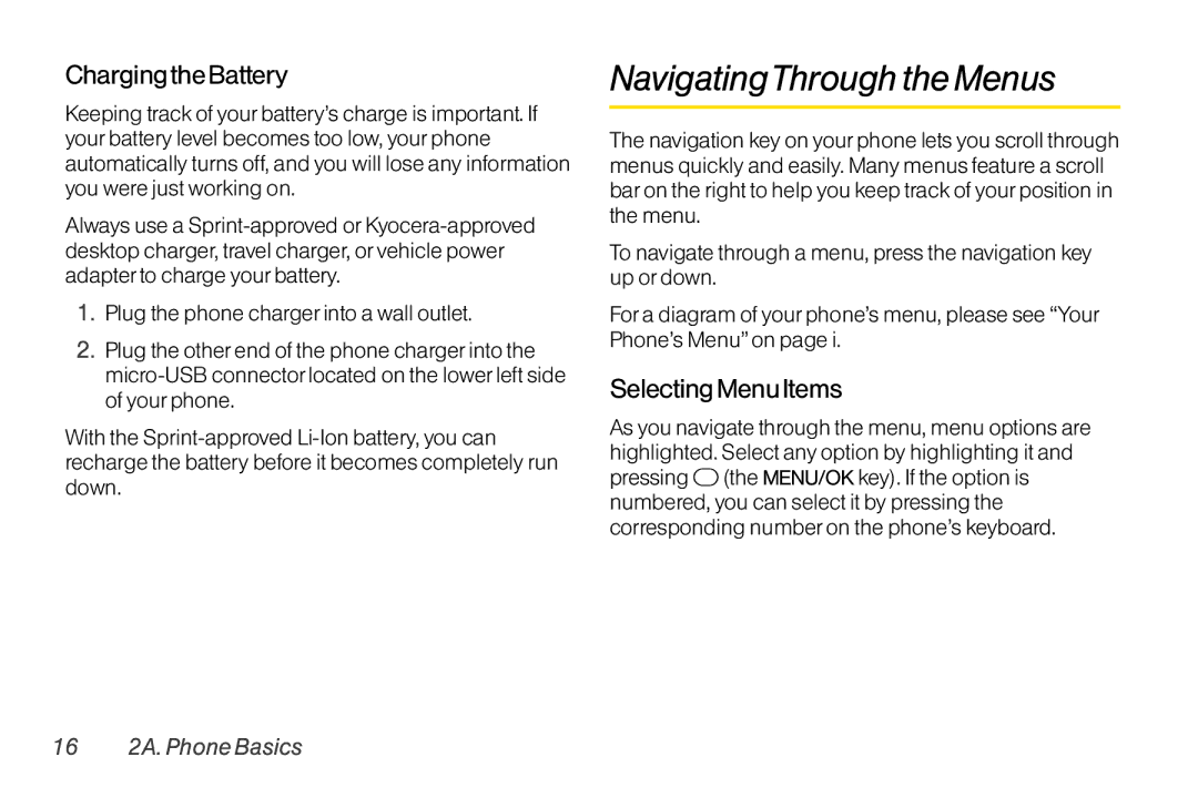 TOA Electronics SCP-2700 manual NavigatingThrough the Menus, Chargingthe Battery, Selecting Menu Items, 16 2A. Phone Basics 