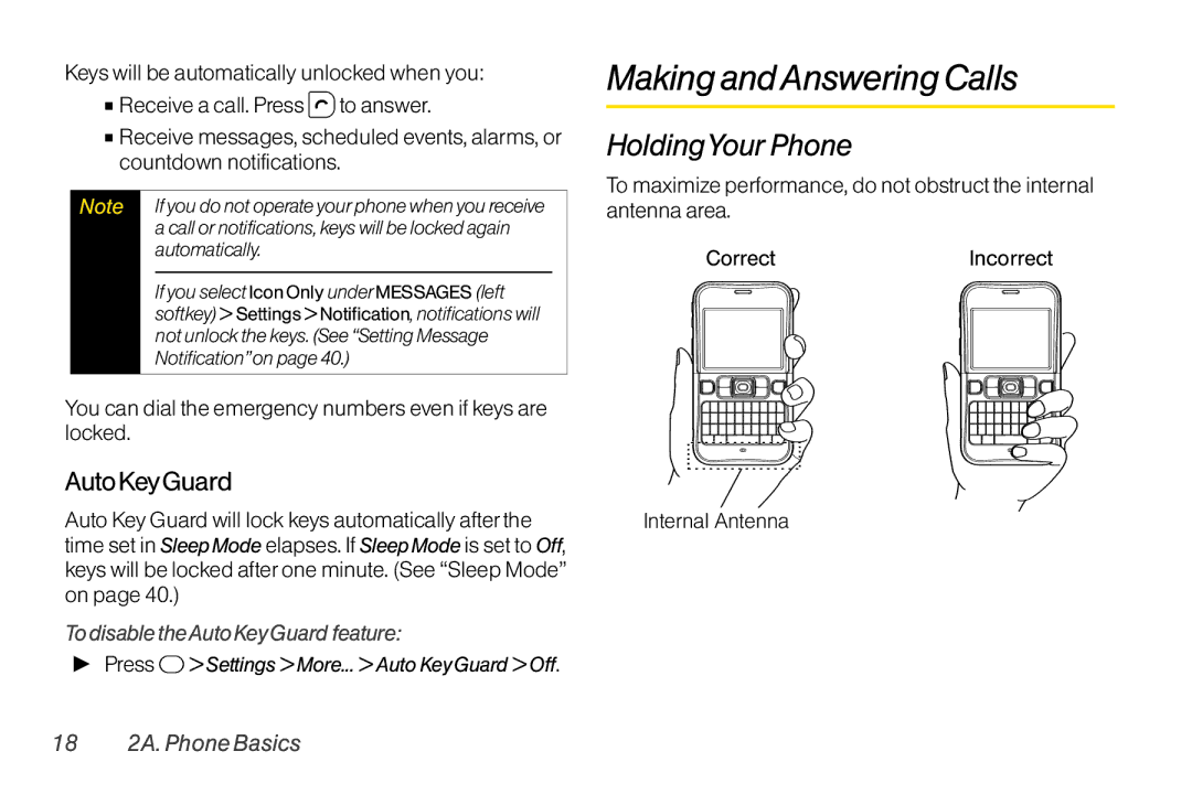 TOA Electronics SCP-2700 Making andAnswering Calls, HoldingYour Phone, Auto KeyGuard, To disable theAuto Key Guard feature 