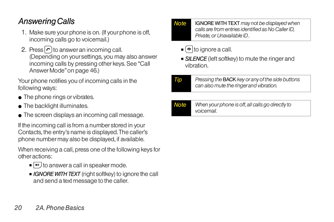 TOA Electronics SCP-2700 manual Answering Calls, 20 2A. Phone Basics, Can also mute the ringerand vibration, Voicemail 