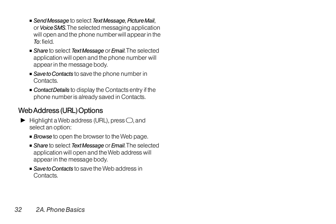 TOA Electronics SCP-2700, SCP2700KBL manual Web Address URLOptions, Save to Contacts to save the phone number in Contacts 