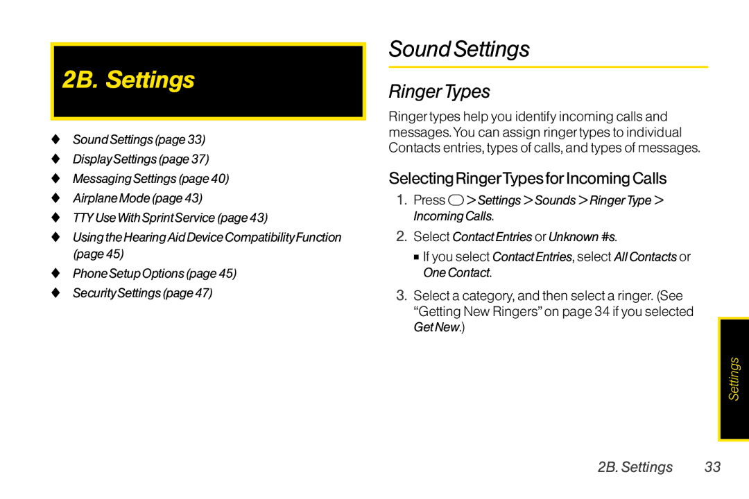 TOA Electronics SCP2700KBL, SCP-2700 2B. Settings, Sound Settings, Ringer Types, Selecting RingerTypes forIncoming Calls 