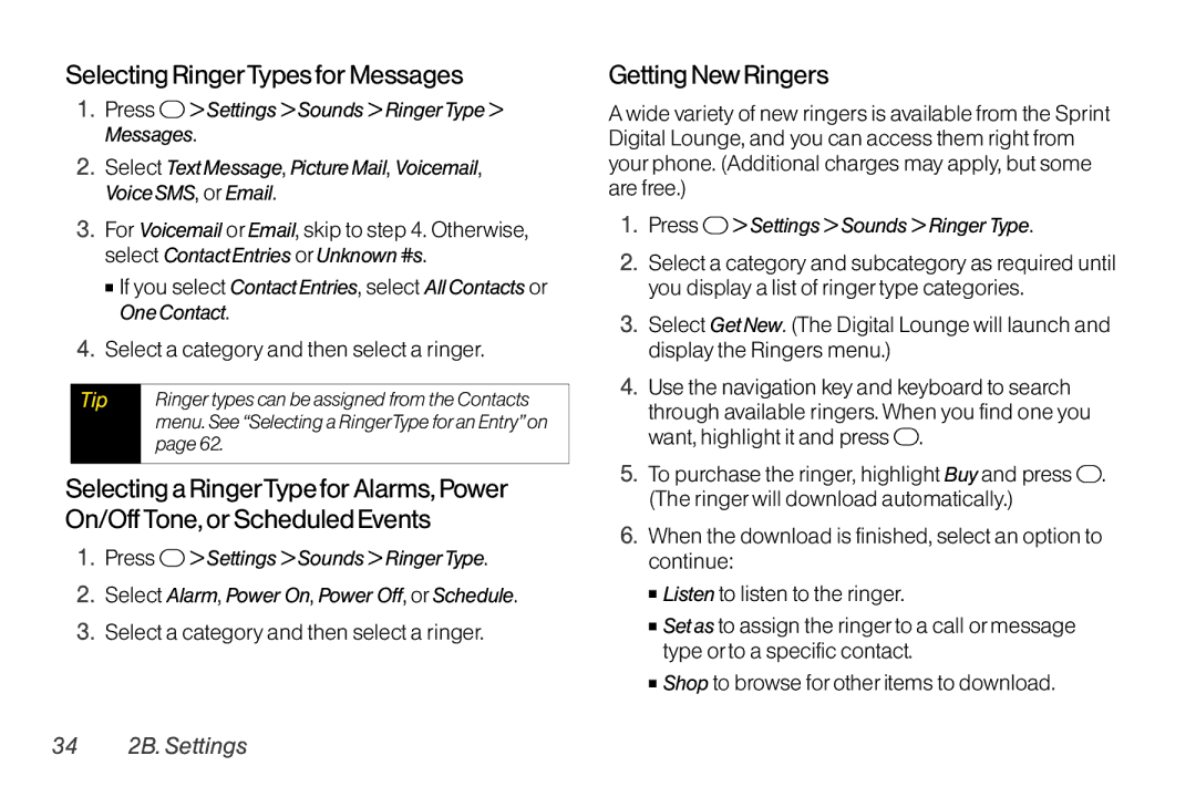 TOA Electronics SCP-2700, SCP2700KBL manual Selecting RingerTypes for Messages, Getting New Ringers, 34 2B. Settings 