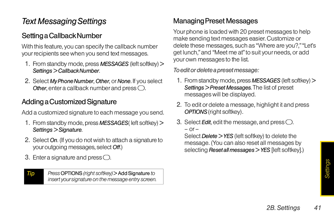 TOA Electronics SCP2700KBL, SCP-2700 manual Text Messaging Settings, Setting a CallbackNumber, Adding a Customized Signature 