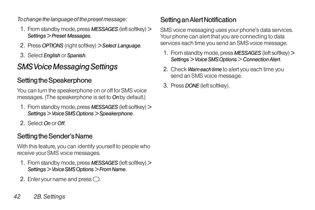 TOA Electronics SCP-2700, SCP2700KBL manual SMSVoice Messaging Settings, Setting the Speakerphone, Setting the Sender’s Name 