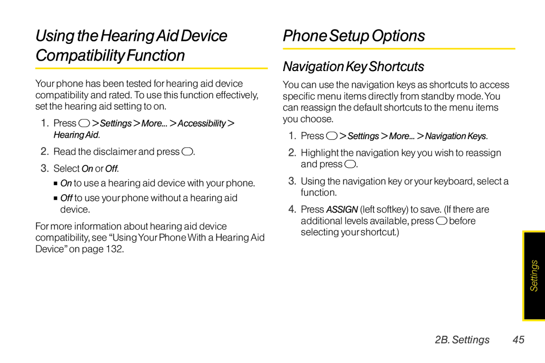 TOA Electronics SCP2700KBL Phone Setup Options, Navigation Key Shortcuts, Press Settings More... Accessibility HearingAid 