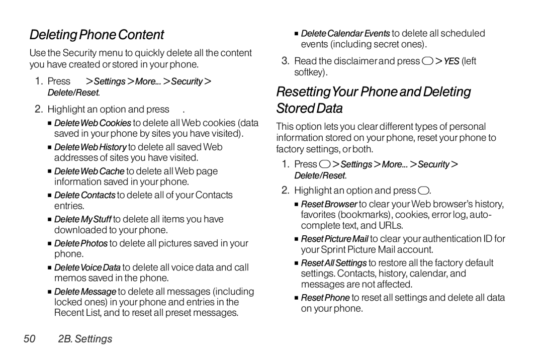 TOA Electronics SCP-2700, SCP2700KBL Deleting Phone Content, ResettingYour Phone and Deleting Stored Data, 50 2B. Settings 