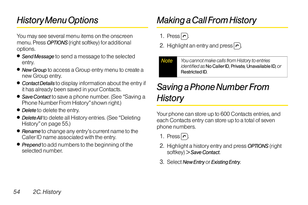 TOA Electronics SCP-2700, SCP2700KBL History Menu Options, Making a Call FromHistory, Saving a Phone Number From History 