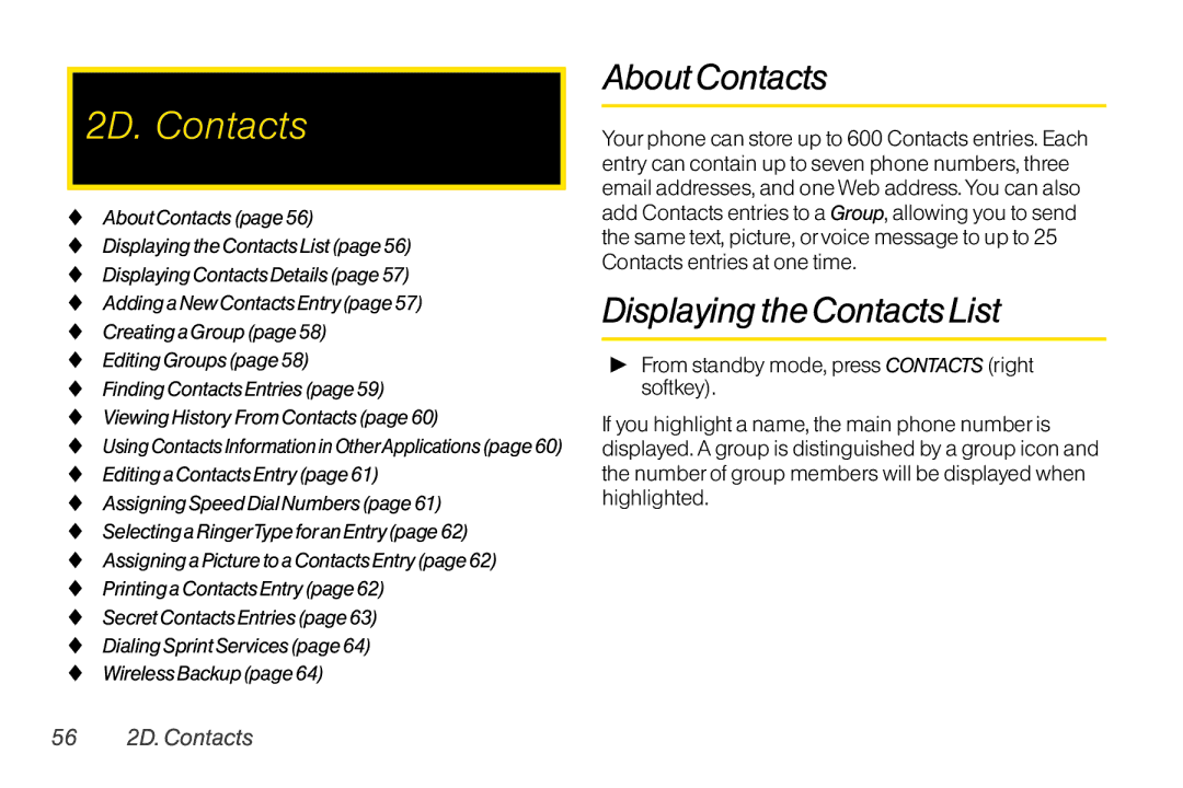 TOA Electronics SCP-2700, SCP2700KBL manual About Contacts, Displaying the Contacts List, 56 2D. Contacts 