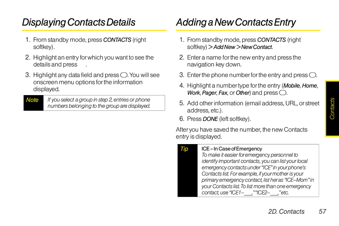 TOA Electronics SCP2700KBL Displaying Contacts Details, Adding a New Contacts Entry, Work, Pager, Fax, or Other and press 