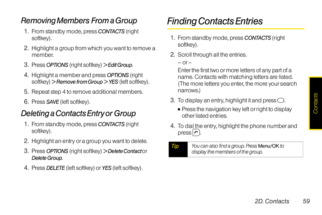 TOA Electronics SCP2700KBL FindingContacts Entries, Removing Members From a Group, Deleting a Contacts Entry or Group 