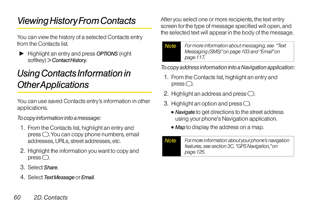 TOA Electronics SCP-2700 Viewing History From Contacts, Using Contacts Information in OtherApplications, 60 2D. Contacts 