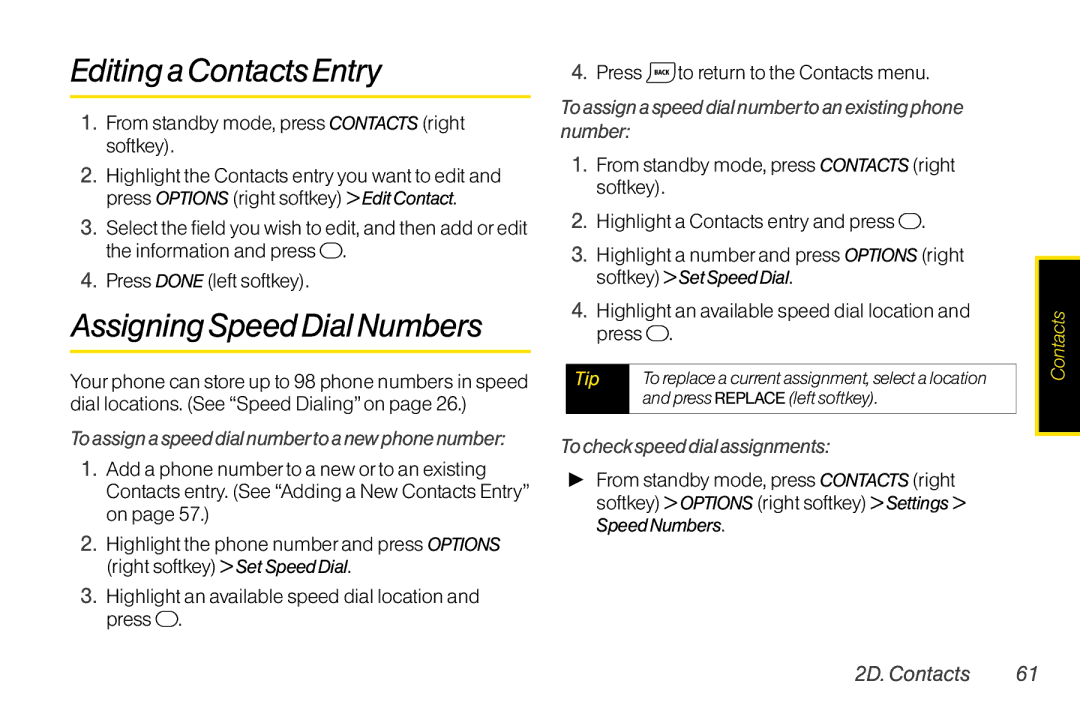 TOA Electronics SCP2700KBL, SCP-2700 Editing a Contacts Entry, AssigningSpeed Dial Numbers, Tocheck speed dial assignments 