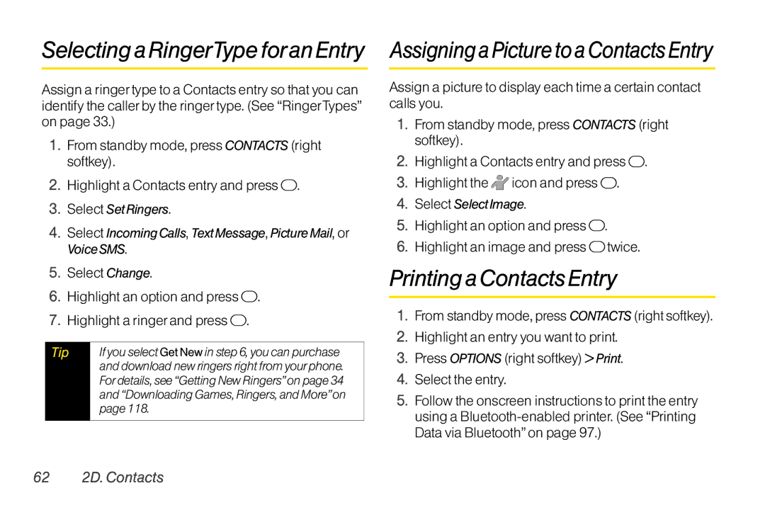 TOA Electronics SCP-2700, SCP2700KBL manual Selecting a RingerType foran Entry, Printing a Contacts Entry, 62 2D. Contacts 