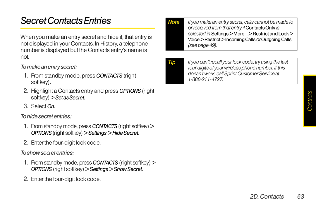 TOA Electronics SCP2700KBL SecretContacts Entries, To make an entry secret, To hide secret entries, Toshow secret entries 