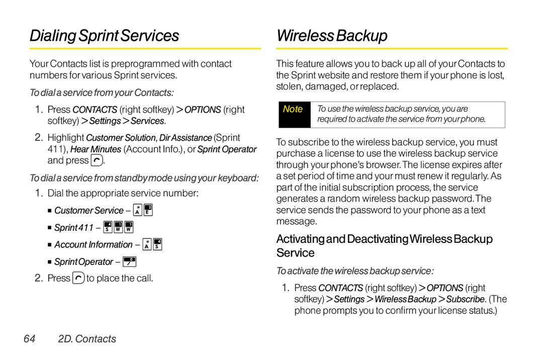 TOA Electronics SCP-2700, SCP2700KBL manual Dialing Sprint Services, Activating and DeactivatingWireless Backup Service 