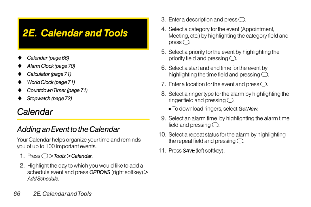 TOA Electronics SCP-2700, SCP2700KBL manual 2E. Calendar and Tools, Adding an Event to the Calendar, 66 2E. CalendarandTools 