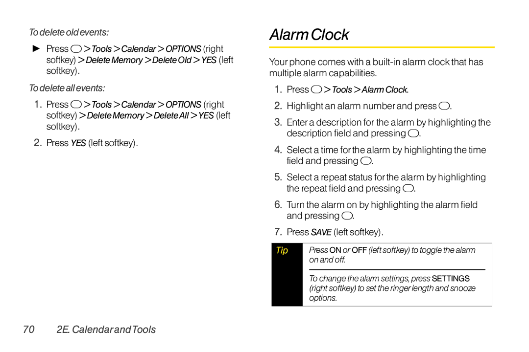 TOA Electronics SCP-2700, SCP2700KBL manual Alarm Clock, To delete old events, To delete all events, 70 2E. CalendarandTools 