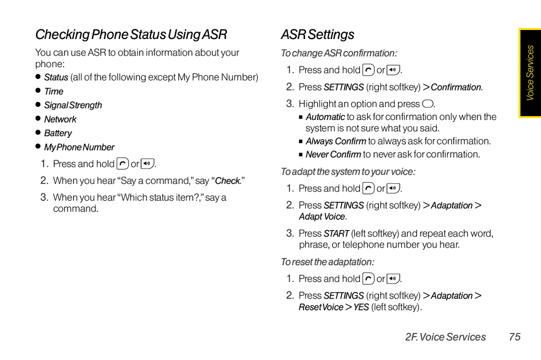 TOA Electronics SCP2700KBL Checking Phone Status UsingASR, ASR Settings, To changeASR confirmation, Toreset the adaptation 