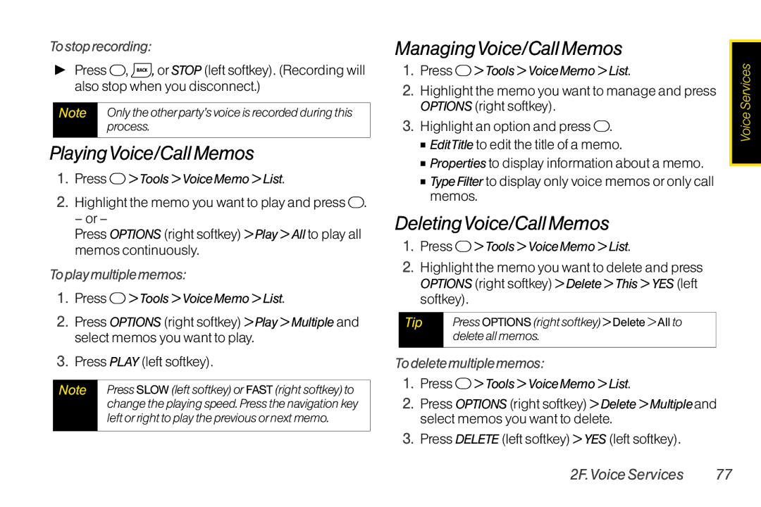 TOA Electronics SCP2700KBL, SCP-2700 manual PlayingVoice/Call Memos, ManagingVoice/Call Memos, DeletingVoice/Call Memos 