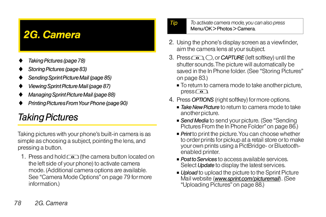 TOA Electronics SCP-2700, SCP2700KBL manual Taking Pictures, 78 2G. Camera, To activate camera mode, you can also press 