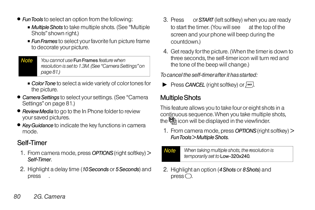 TOA Electronics SCP-2700 manual Self-Timer, Multiple Shots, To cancel the self-timerafter it has started, 80 2G. Camera 