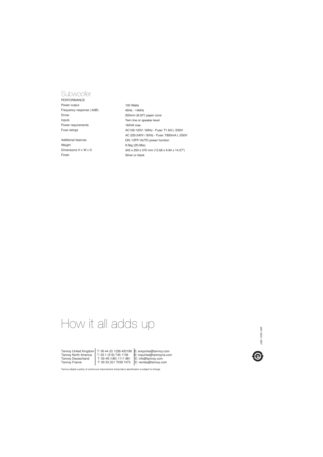 TOA Electronics SFX5.1 setup guide How it all adds up, Subwoofer 