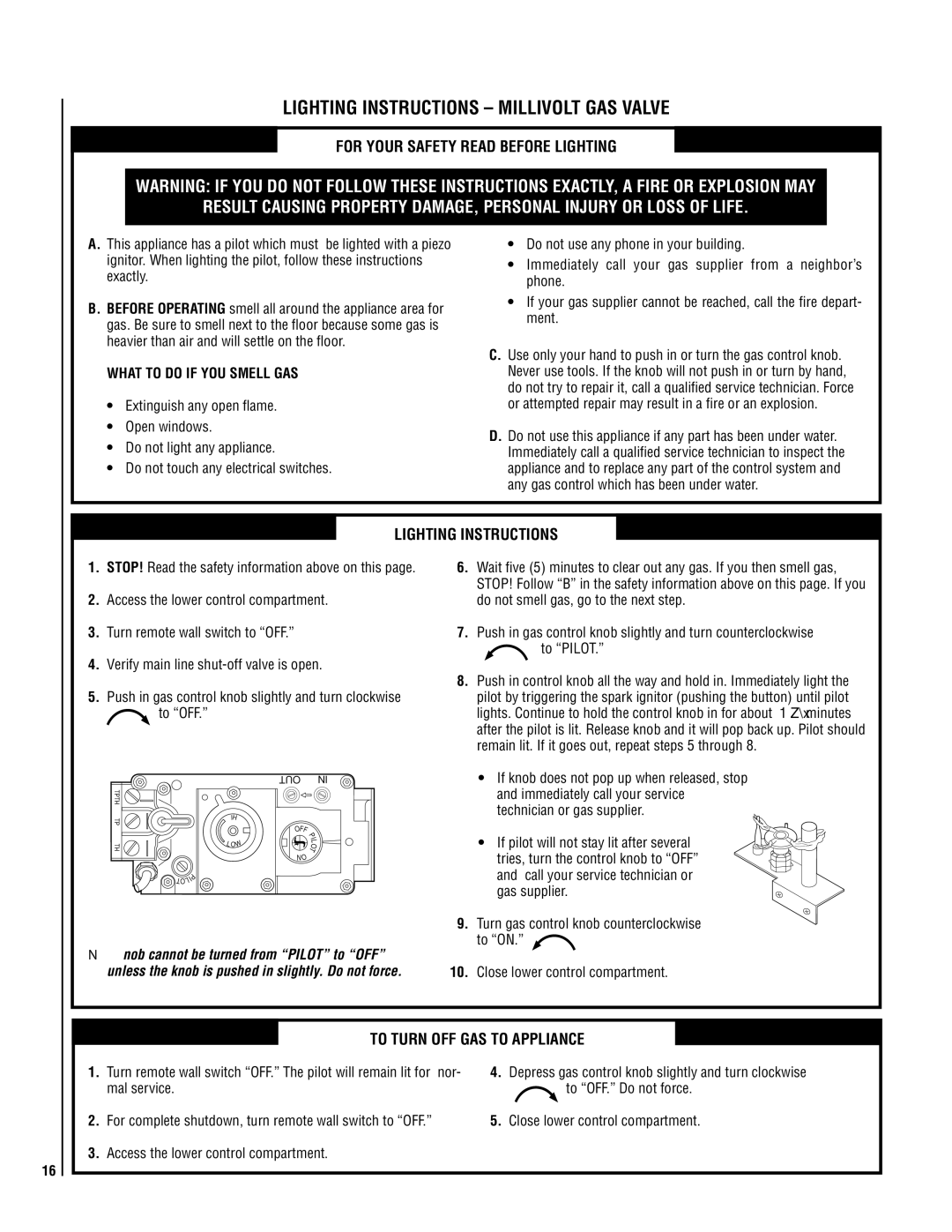 TOA Electronics SLDVT-40, SLDVT-35 manual Lighting Instructions Millivolt GAS Valve, For Your Safety Read Before Lighting 