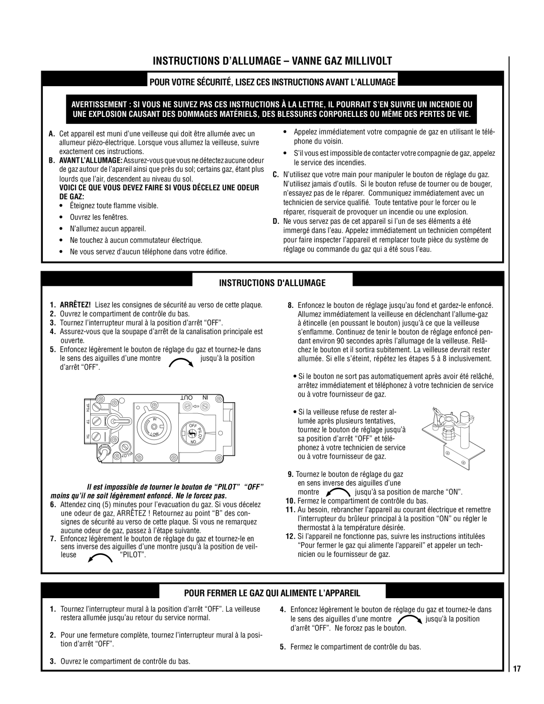 TOA Electronics SLDVT-35, SLDVT-40 manual Instructions D’ALLUMAGE Vanne GAZ Millivolt, Instructions Dallumage 