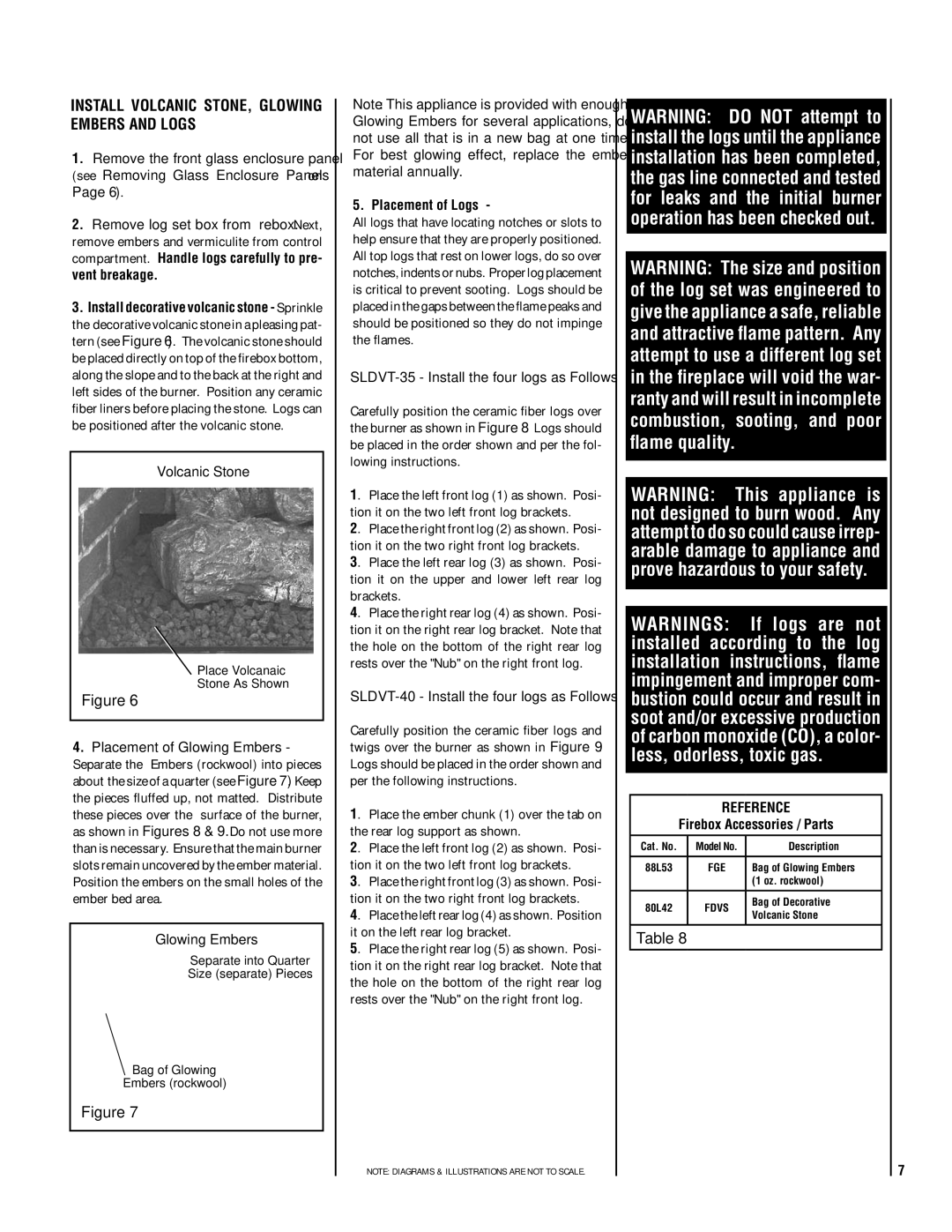 TOA Electronics SLDVT-35, SLDVT-40 manual Install Volcanic STONE, Glowing Embers and Logs, Volcanic Stone, Placement of Logs 